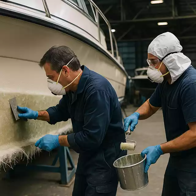 Reparatie van polyester romp van een motorboot in de werkplaats van Provoost Maritiem