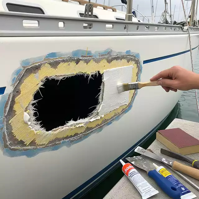 Vakman van Provoost Maritiem repareert een gat in de romp